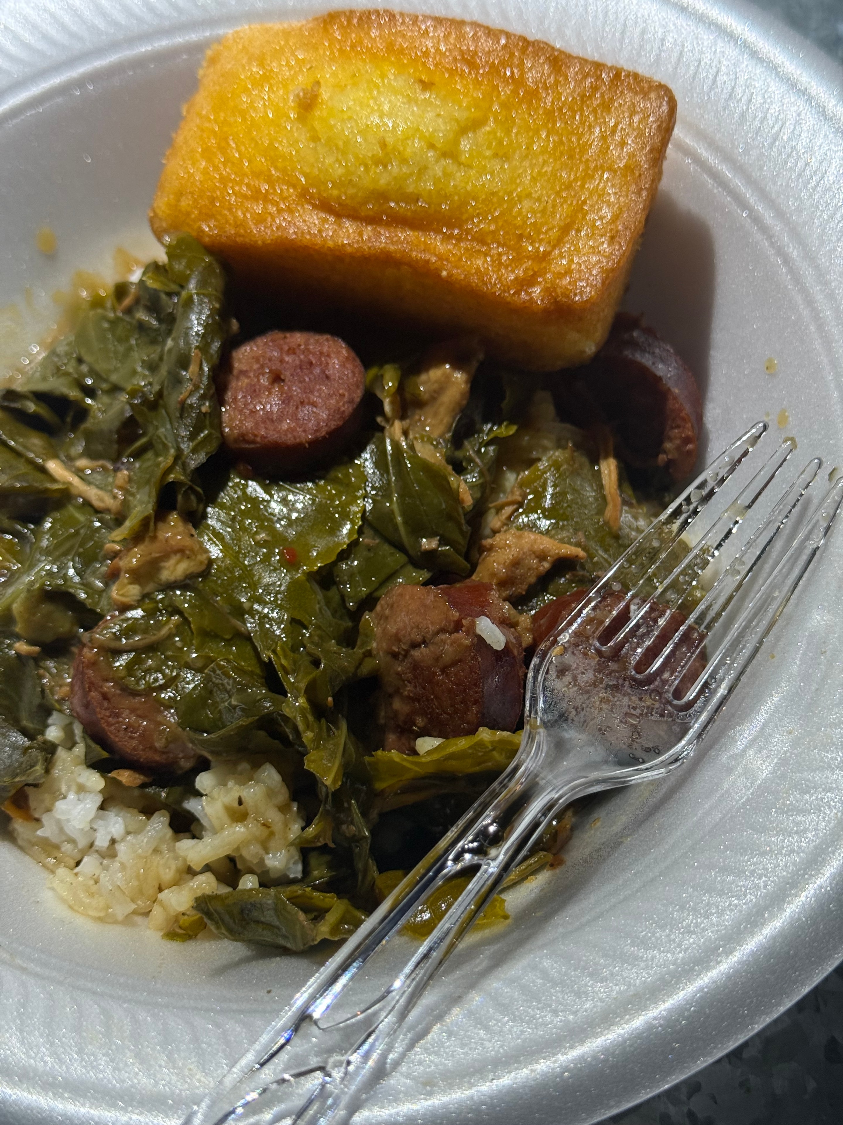 Collard greens with sausage and golden cornbread